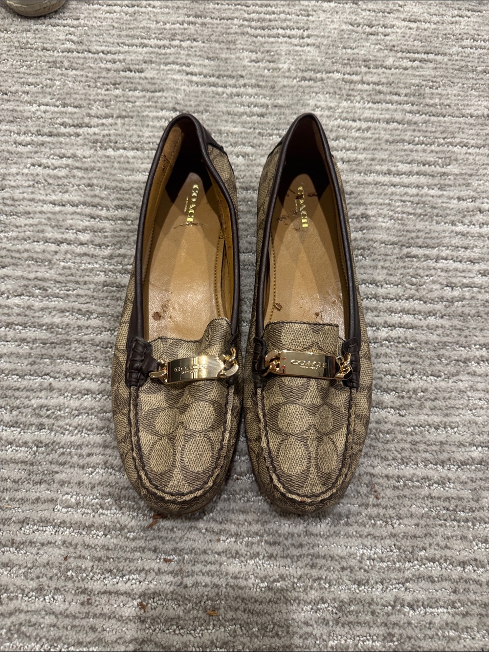 Coach Tan/Brown Signature Canvas Loafers with Gold Plaque
